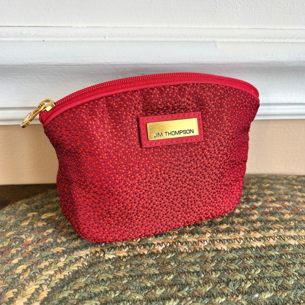 Jim Thompson Thai Silk Red Woven Cosmetic Makeup Bag Pouch Gold Hardware